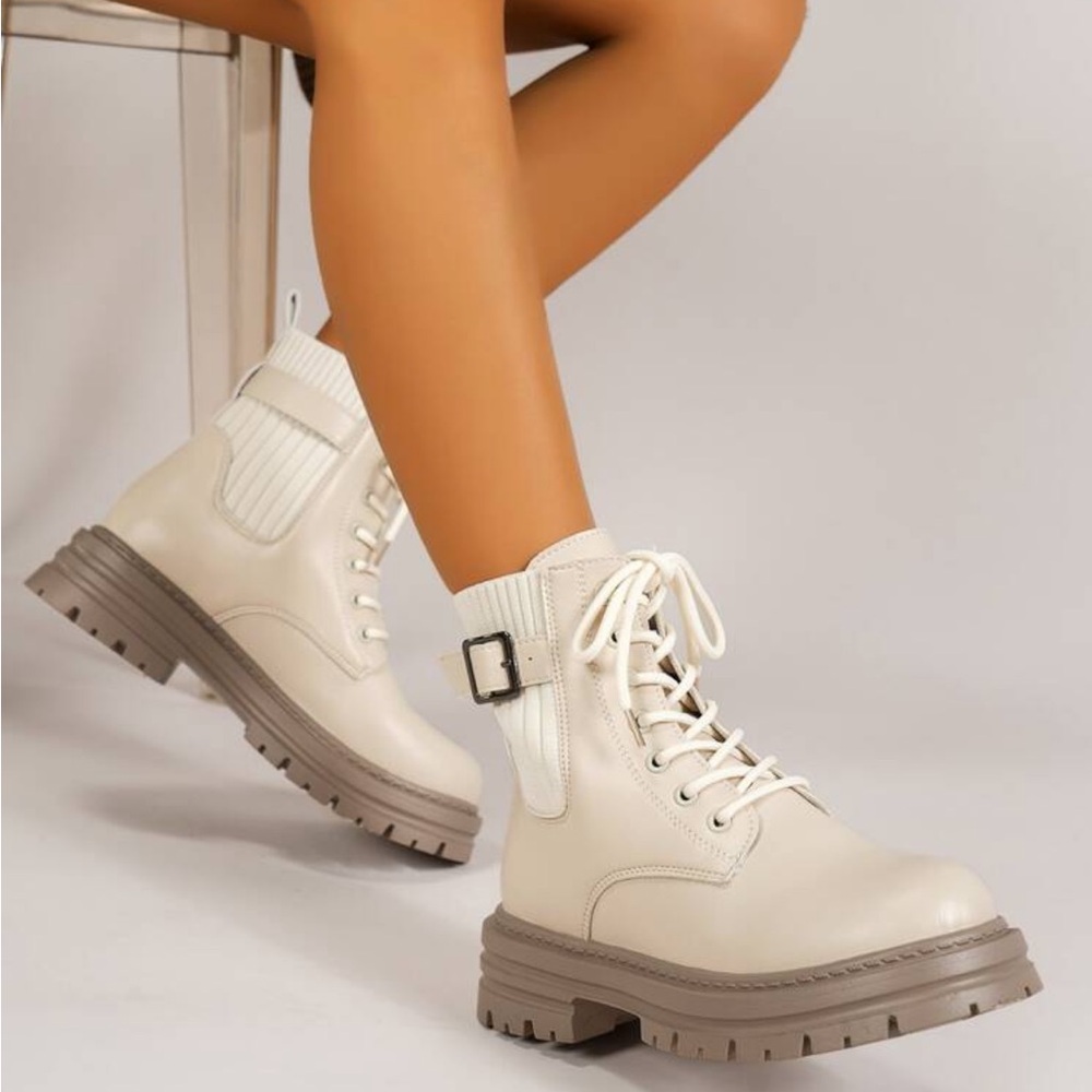 Cream Ankle Boots with Brown Soles